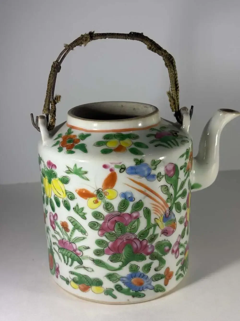 Antique Chinese Famille Rose Porcelain Hand Painted Teapot ,Wire , Twine Handle